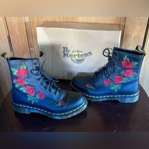 Dr Martens Vonda Black Boots with Red Embroidered Roses